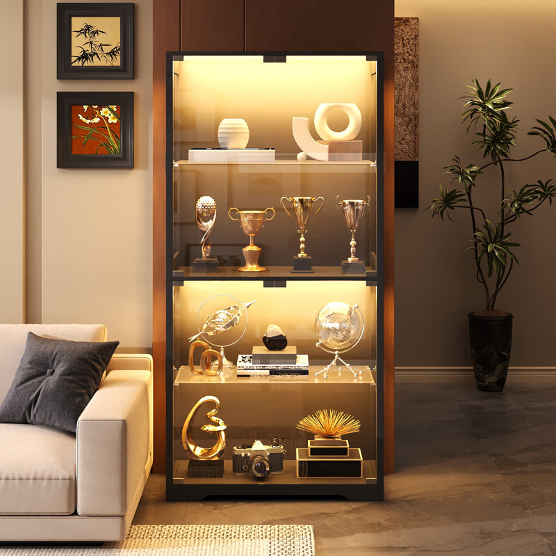  Vitrine avec portes en verre, vitrine à 4 niveaux, vitrine avec 3 lumières colorées pour objets de collection, armoires de rangement avec capteur de corps humain