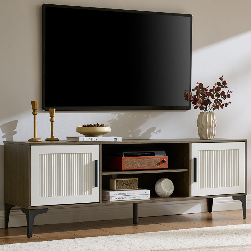 Meuble télé moderne en bois avec rangement et tablettes, Noyer et blanc