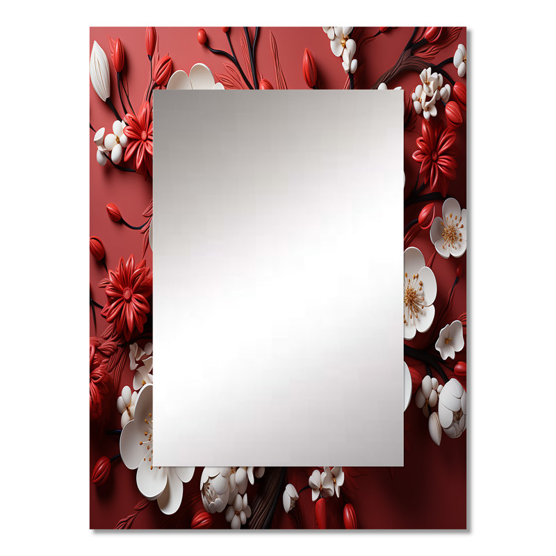 White and red orchid flower branches III - Floral Decorative Wall Mirror, Traditional Mirror, Printed Metal Art, 32" x 24"