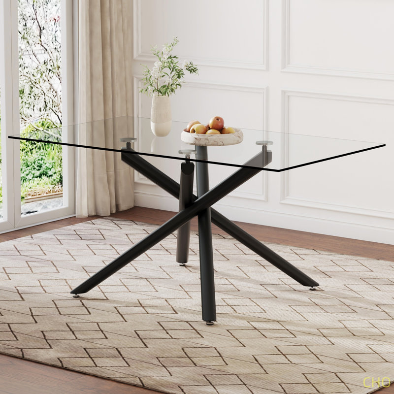 Grande table de salle à manger rectangulaire moderne en verre pour 4 à 6 personnes avec plateau en verre trempé de 0,39 po et pieds en métal, pour la salle à manger, la salle de réunion, la salle de banquet