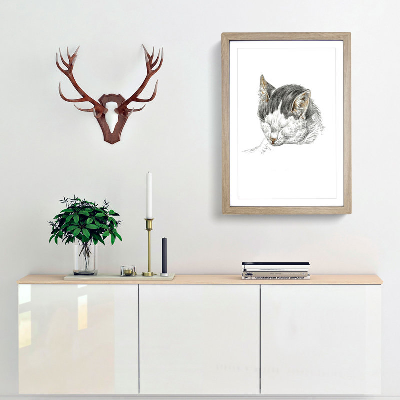 A Sketch of a Cat by Jean Bernard - Framed Print, 33cm H x 24cm W x 2cm D, Oak Framed