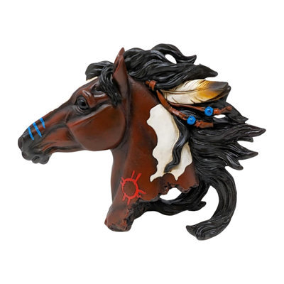 Resin Rustic Southwest Horse Head Statue Cowboy Native American-Inspired Equestrian Figurine with Feather Accents