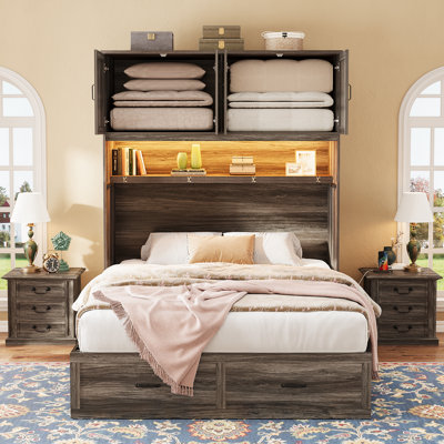 Farmhouse Queen Murphy Bed With Led Lights & Charging Station, Hidden Foldable Wall Cabinet Bed