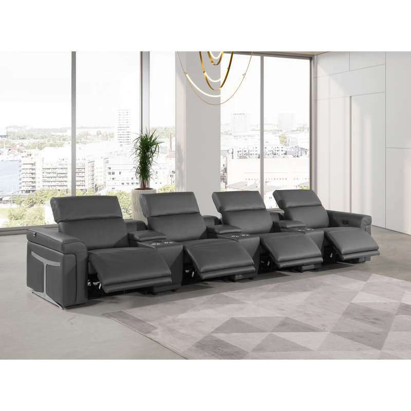 7-Piece 4-Power Reclining Italian Leather Sofa With Power Headrest, Dark Gray