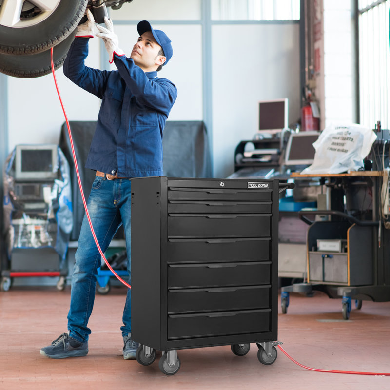 7 Drawer Rolling Tool Cabinet, Large Capacity Metal Tool Box, With Wheels And Key Lock, Rolling Storage Tool Car Suitable For Garage, Warehouse, Work Shop
