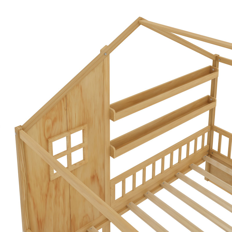 Lit de style maison basse avec rideaux, tiroirs de rangement et tablettes, Naturel, Lit double