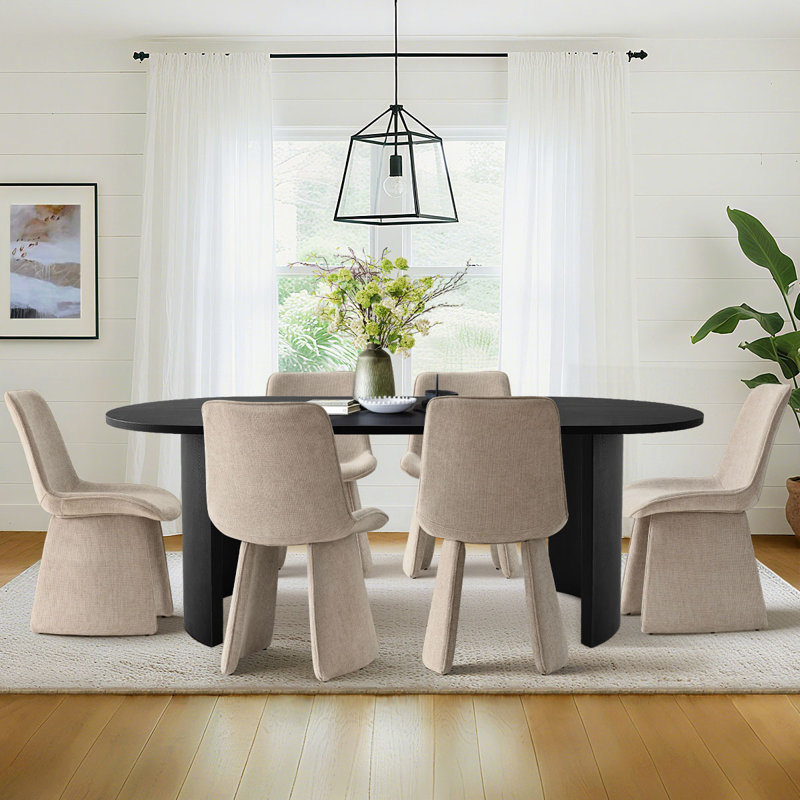 7-Piece Modern Oval Dining Table Set, Khaki