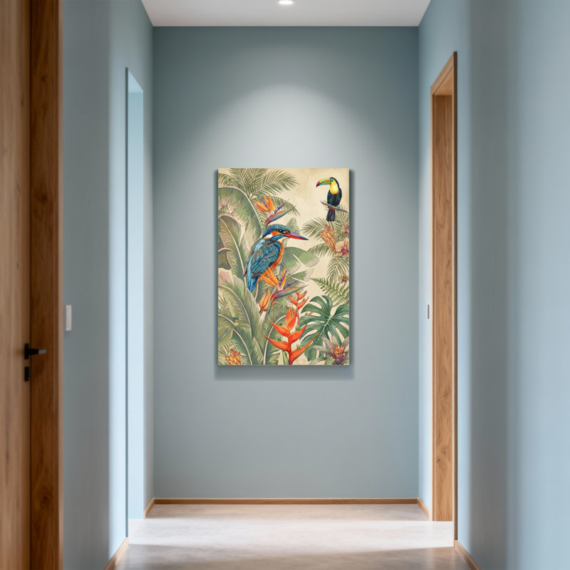 Animaux, oiseaux tropicaux et motif de fleurs exotiques, H 12 po x l 18 po