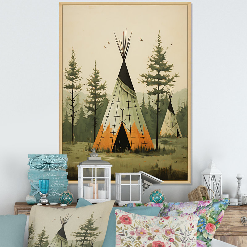 Green Native Tipi Serenity In Nature II - Native American Wall Art Prints, H 32 po x l 16 po x P 1 po, Cadre naturel flottant