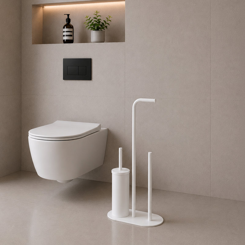 Boilleau 3 In 1 & Brush Combo Free Standing Toilet Roll Holder, White