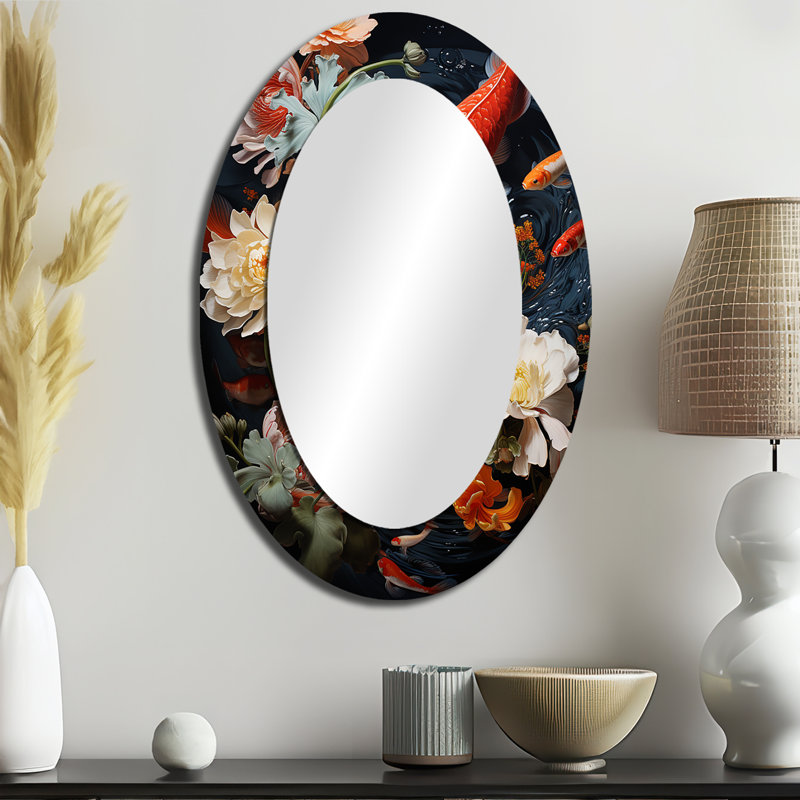 Asian Art Infinite Koi I - Miroir mural rouge Mid-Century, 36 po x 24 po