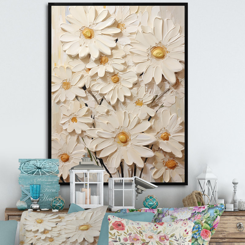 " White Daisy Fields Elegance III ", Gold Picture Framed, 40" H x 30" W