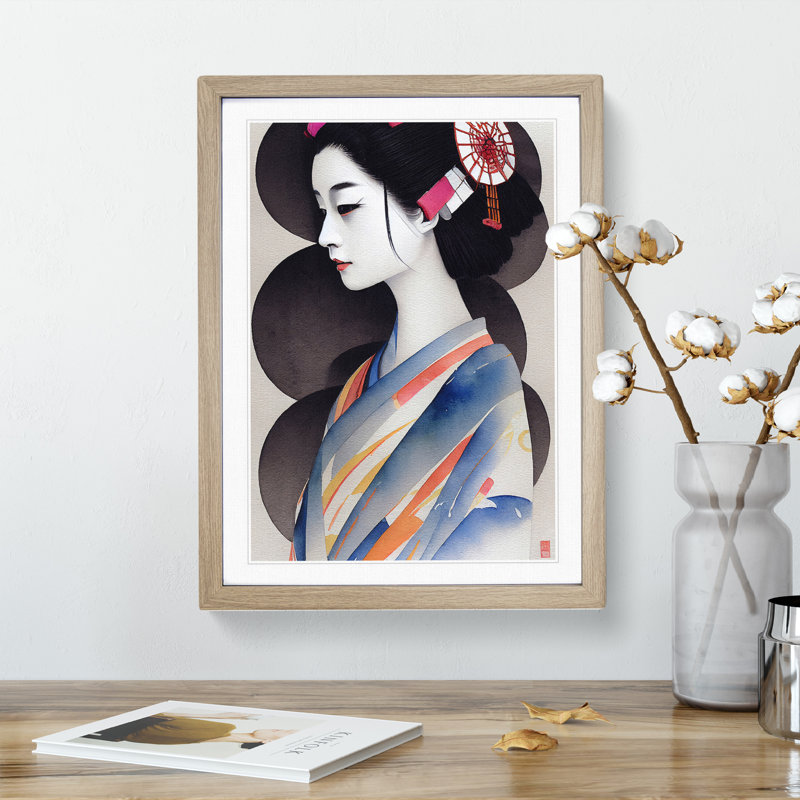 Inspiring Geisha - Wall Art, 64cm H x 46cm W x 2cm D, Oak Framed
