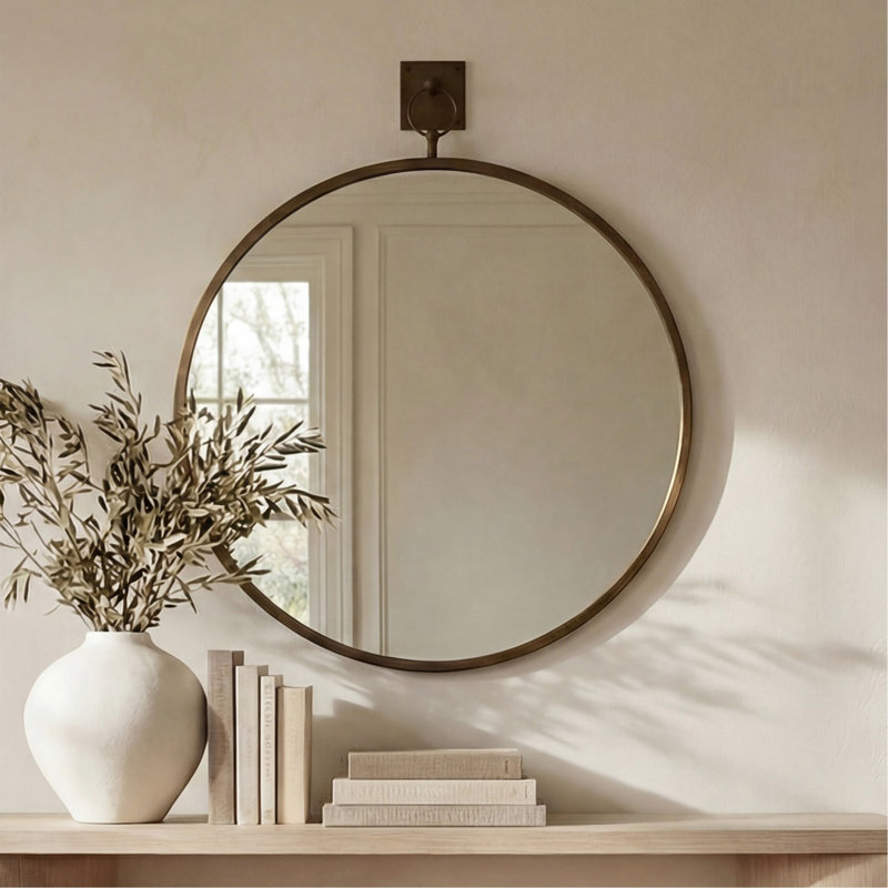 Miroir, rond, cadre en fer, panneau arrière en panneau de fibres à densité moyenne, profil transitionnel Heritage, laiton vieilli