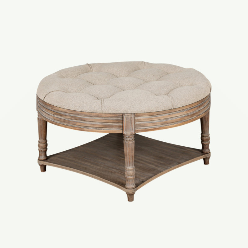 Round Ottoman, Small Upholstered Coffee Table, Button Tufted Ottoman With Wooden Shelf, Indoor Small Ottoman, Natural 