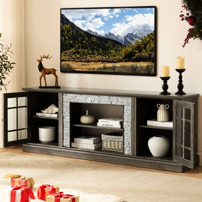 Grey Tv Stand, 70" Faux Stone Entertainment Center With 2-Door Storage, 6 Cable Cutouts For Tidy Setup 71.63" Wide Suitable Tvs Up To 75", 3 Adjustabl
