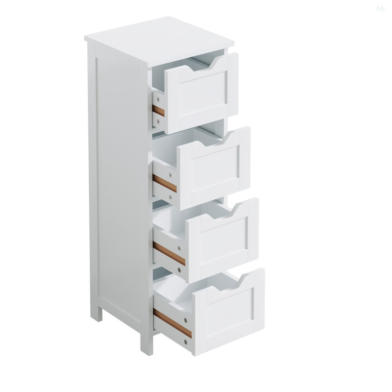 Bathroom Floor Cabinet With 4 Drawers, Freestanding Wooden Storage Organizer For Bathroom, Hallway Or Living Room, Narrow White Side Cabinet With Space-Saving Vertical Design, White
