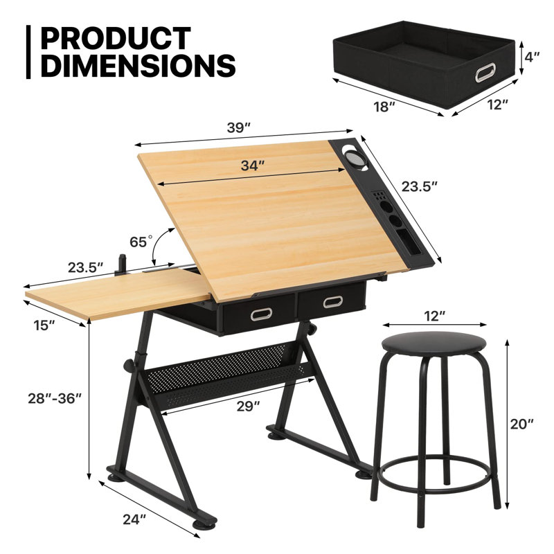 Craft and Drawing Table Workstation with Stool, Drafting Table with Slide-Out Tabletop and Drawers