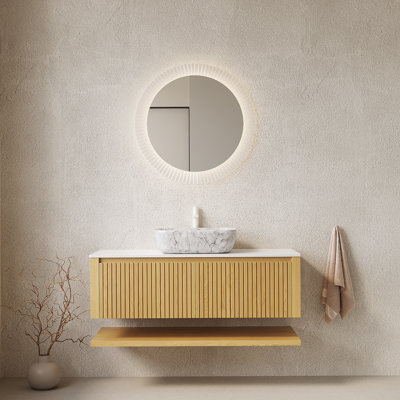 Ensemble de meuble-lavabo fonctionnel avec tiroirs et tablette ouverte, idéal pour les espaces de salle de bain organisés et élégants.