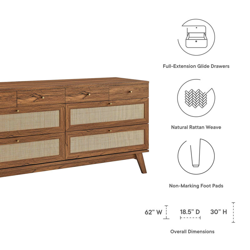 Walnut Double 8-Drawer Dresser with Rattan Weave