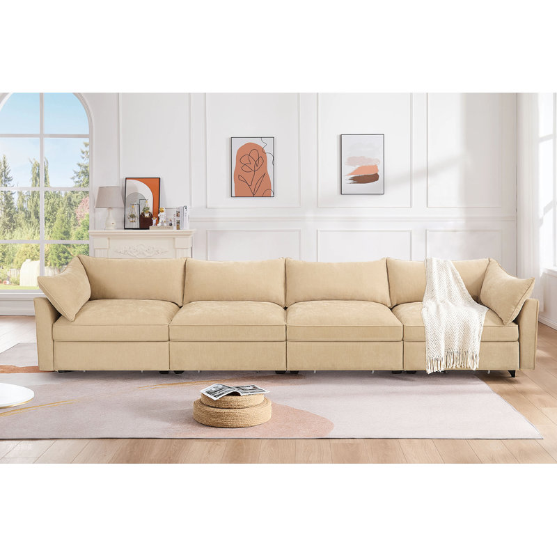Chenille Fabric Upholstered Sofa with Under-Seat Drawers, Wheat