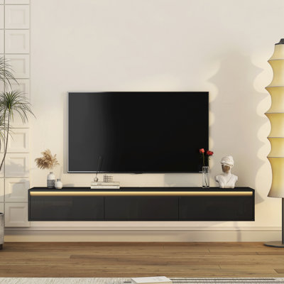 Meuble télé flottant, meuble télé mural avec lumières DEL et prise de courant, meuble télé ultrabrillant pour le salon