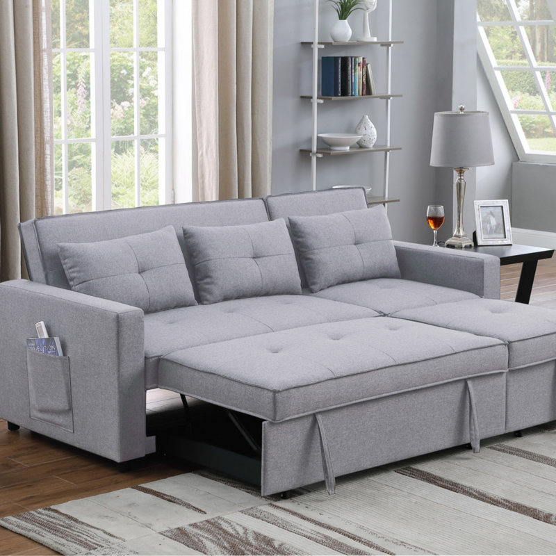 Canapé-lit convertible en lin 79,75 po avec poche latérale, Lin gris pâle
