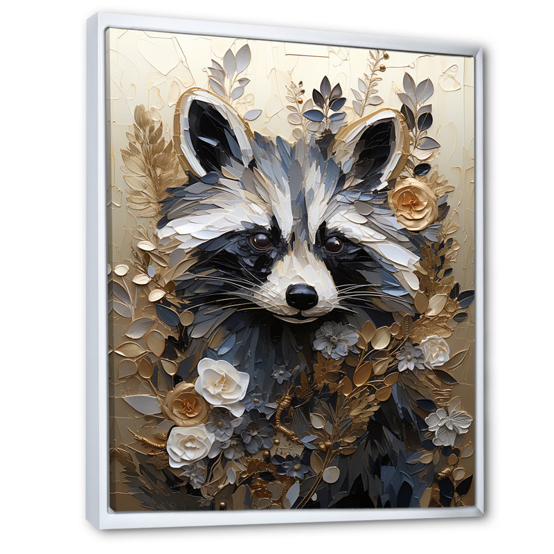 «Mischief Blooming Raccoon Portrait», reproduction sur toile, Cadre flottant blanc, H 32 po x l 24 po x P 1 po