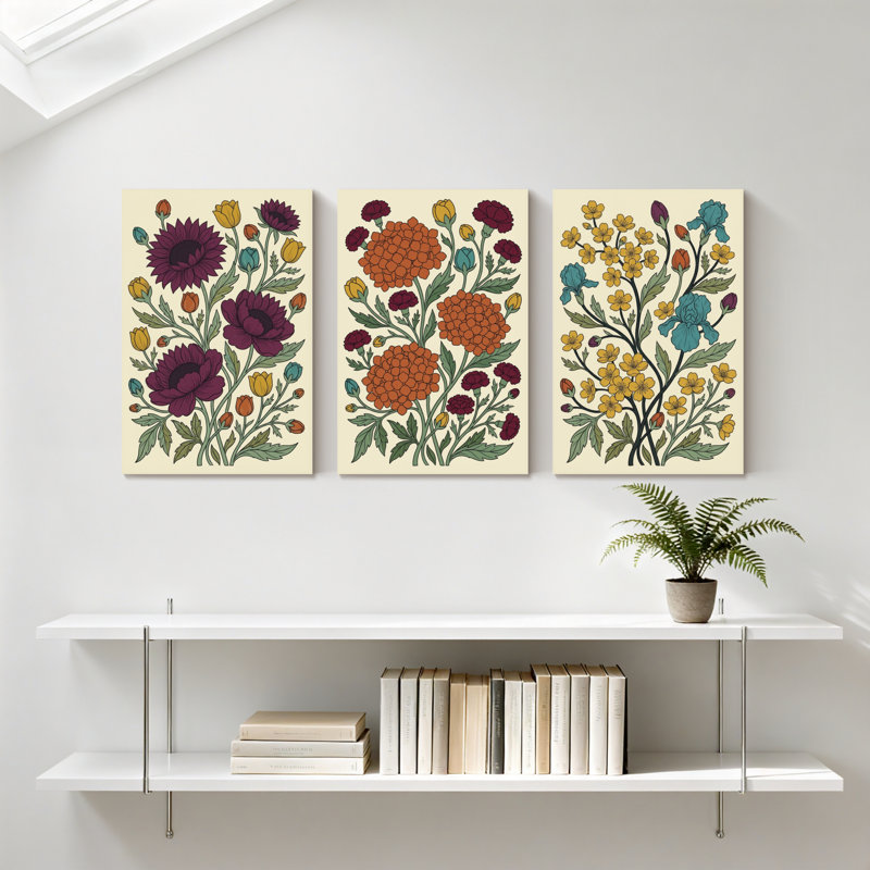 Plantes et fleurs, motif floral avec couleurs vives et feuilles vertes, ensemble de 3 impressions sur toile