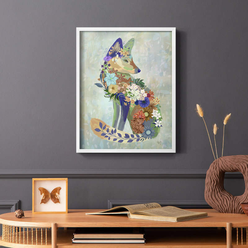 Fantastic Florals Fox, assis, reproduction encadrée - bois massif, Blanc, H 14 po x l 11 po