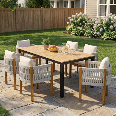7-Piece Outdoor Dining Set with Wood Table and 6 Wood Rope Chairs