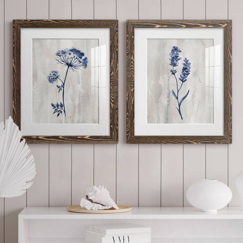 «Indigo Botanical I», ensemble de 2 reproductions d'impressions, Impression encadrée avec passe-partout, H 24 po x l 36 po