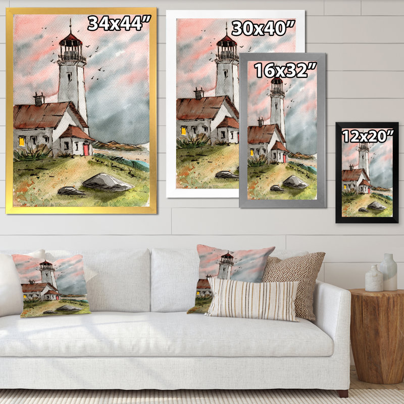 Phare sous un ciel gris rose - peinture sur toile, H 44 po x l 34 po x P 1,5 po, Cadre noir