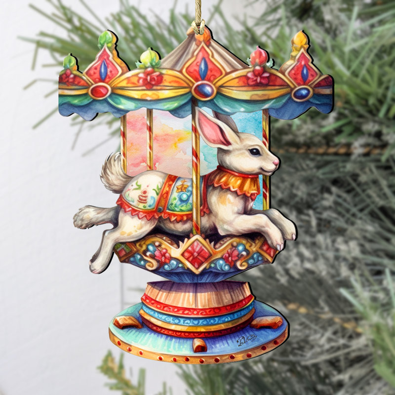 Carousel Bunny Wooden Ornament by G. Debrekht