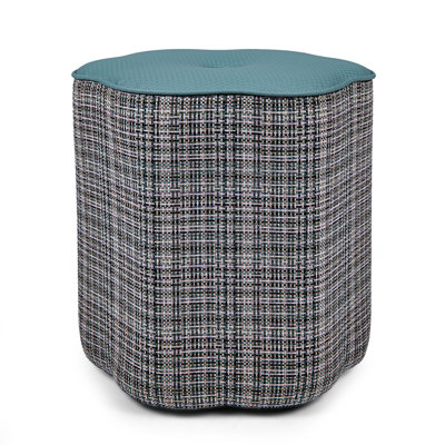 16.5" Wide Scalloped Flower-Shaped Ottoman with Embossed Faux Leather Top and Linen Blend Sides