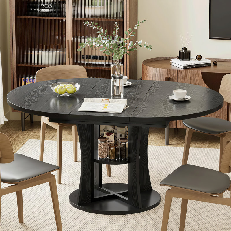 44‘’ Extendable Dining Table for 4-8 People, Round Dining Table with Scratch-Resistant MDF, Modern Kitchen Table with Noiseless Sliding & Storage, Dining Room Table, Black