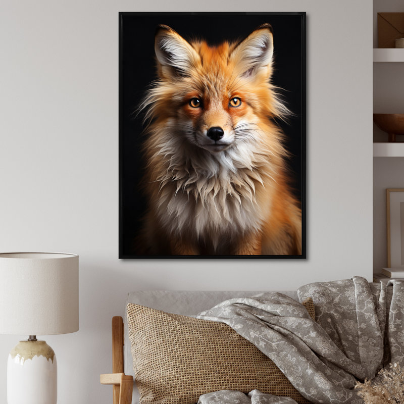«Orange Fox Guardian», art mural renard, H 44 po x l 34 po x P 1,5 po, Cadre flottant noir