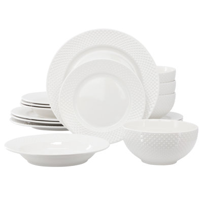  Harmony 16 Piece Hobnail Double Bowl Porcelain Dinnerware Set in White