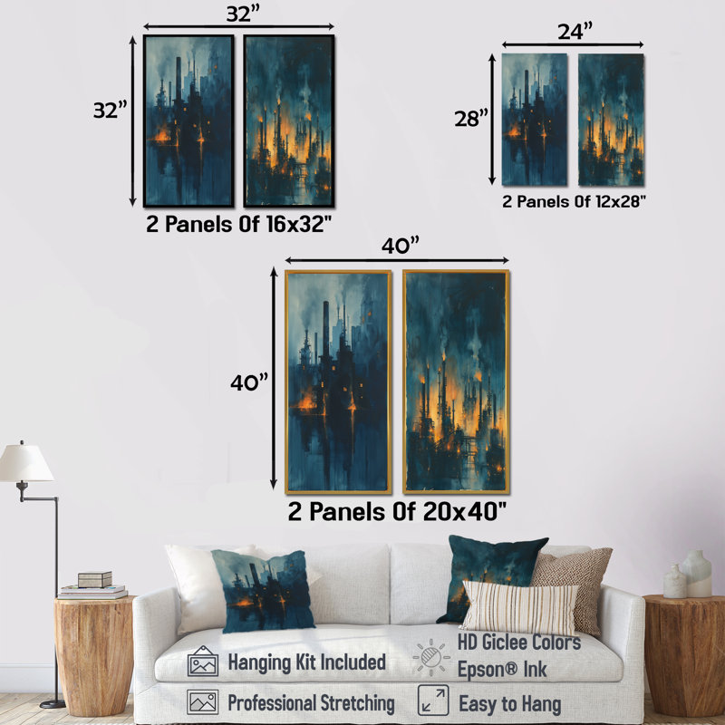 Ensemble de 2 pièces d'art mural jaune et bleu Metropolis, H 32 po x l 32 po, Toile tendue sur cadre, Ne s’applique pas