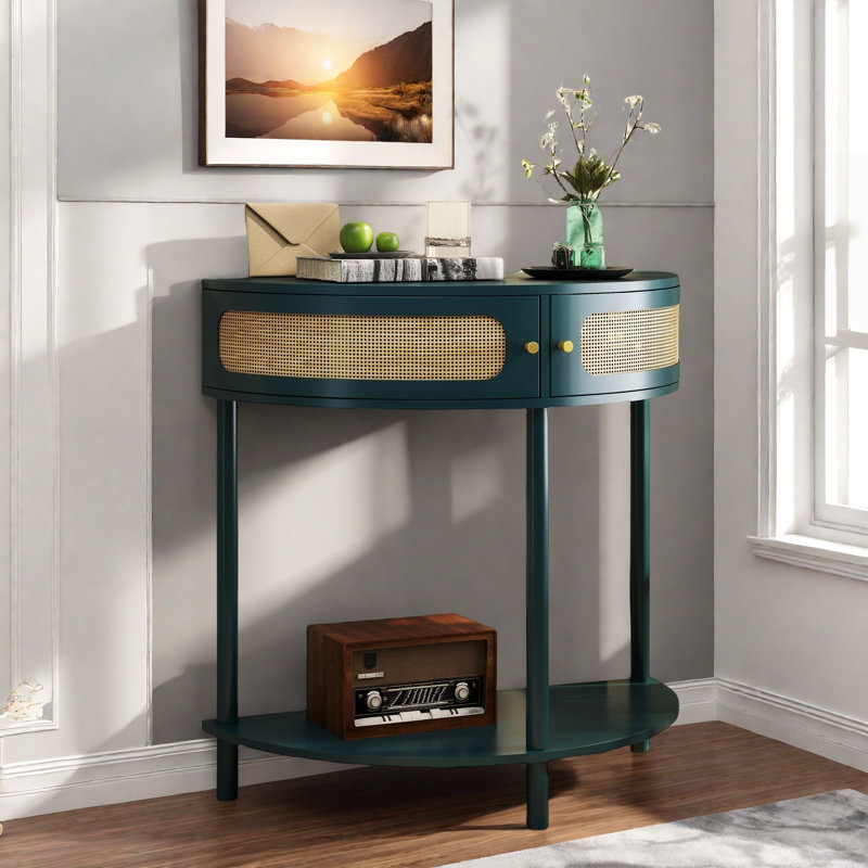 Table de bout avec 2 armoires de rangement en rotin, tablette inférieure, conception unique en demi-lune