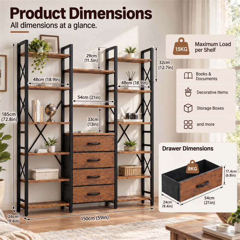 LED Light Bookshelf with 15 Shelves, 150x24x185cm