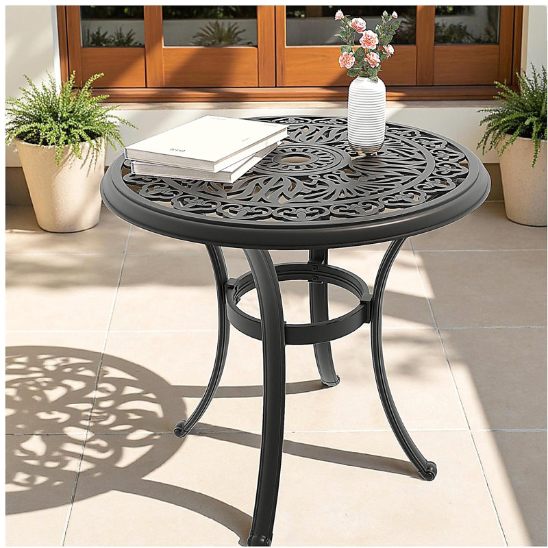 Table de salle à manger 26,77 pouces en fonte d'aluminium avec structure noire et trou pour parasol