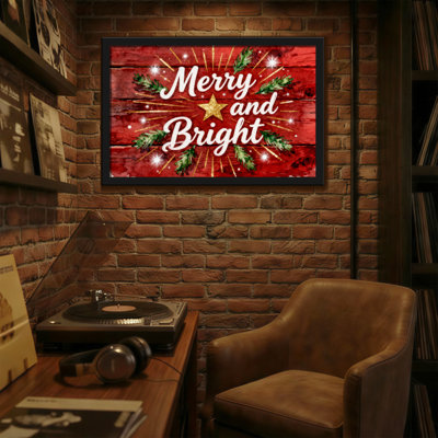 Christmas Merry And Bright Star Pine Branches Sparkles