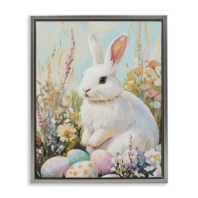 Lapin de Pâques blanc dans un cadre flottant fleurs sauvages, design par The Prints Vibe