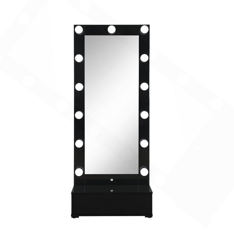 Grand miroir étroit noir avec haut-parleur et tiroir, Noir