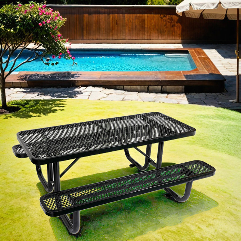 6 pi Table de pique-nique rectangulaire en acier pour l'extérieur, Noir