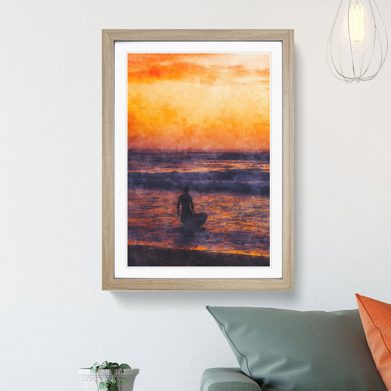 Surfer at Sunset - Framed Print, Oak Framed, 87cm H x 62cm W x 2cm D