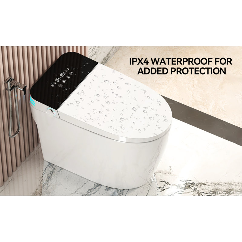 Toilette intelligente avec siège de bidet chauffant, couvercle à ouverture / fermeture automatique, eau chaude et réglage de la température du siège - technologie Siphonic Jet, alimenté par batterie, plusieurs options de lavage ouvertes / fermées, sécheuse, nuit