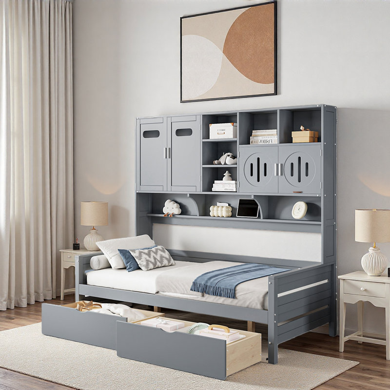 Lit de jour tout-en-un en bois avec 2 tiroirs, armoires et tablettes, Lit simple, Gris
