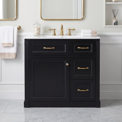Meuble-lavabo autoportant à un lavabo de 91 cm (36 po) en noir, avec comptoir en céramique et porte d'armoire à fermeture amortie